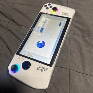 ASUS White Handheld Gaming Console with Blue and Purple Accents